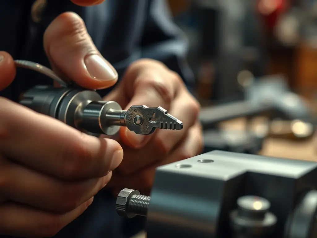 A locksmith cutting a new car key using specialized equipment in their mobile workshop. The image highlights the precision and technology involved in car key replacement.