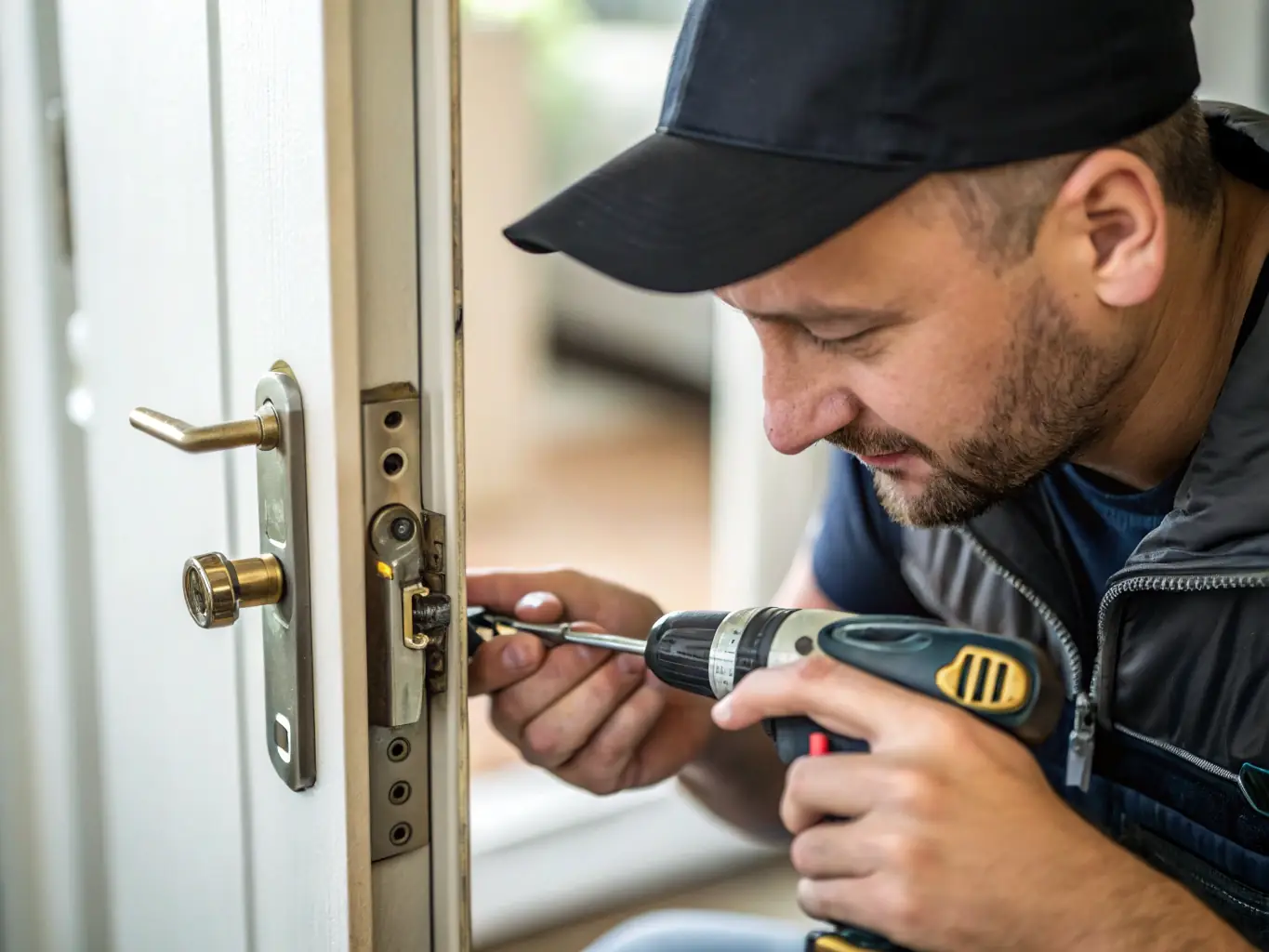 A close-up shot of a locksmith repairing a damaged lock on a front door. The image focuses on the intricate details of the lock mechanism and the locksmith's expertise.