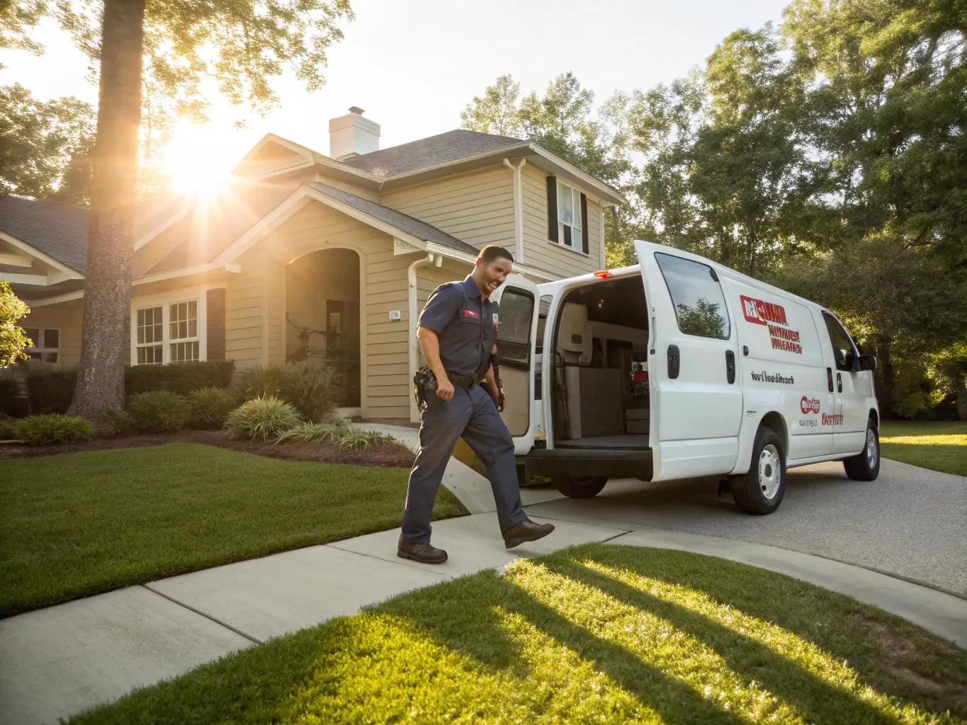 A locksmith van parked on a residential street, with a locksmith assisting a customer with a car lockout situation. The scene is set during the daytime, emphasizing the promptness of the service.
